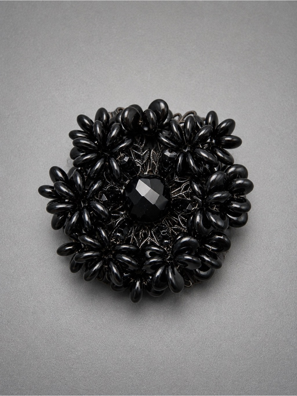 Vintage Miriam Haskell Black Beaded Floral Brooch